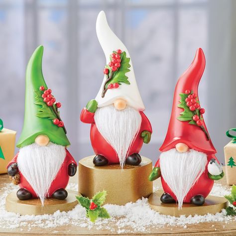 Hand-Painted Holly Santa Claus Nordic Gnomes - Set of 3 | Collections Etc. Polymer Clay Gnomes, Painted Gnomes, Ceramic Gnomes, Window Sill Shelf, Santa Gnomes, Christmas Themed Cake, Tall Hat, Nordic Gnomes, Resin Stone