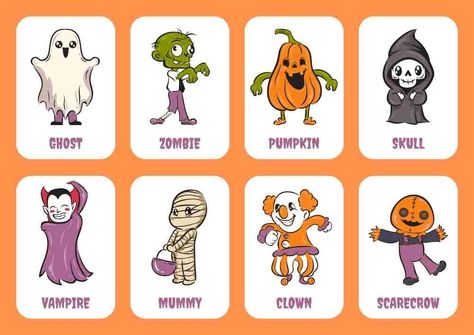 Halloween Flashcards, Zombie Vampire, Halloween Characters, Spooky Style, English Teaching, Ghost Pumpkin, Language Teaching, Purple Orange, Teaching English