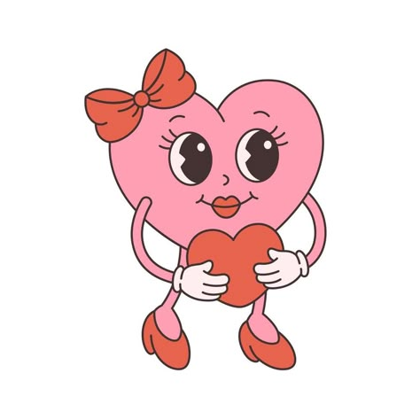 Trendy retro cartoon heart character. Groovy style, vintage, 70s 60s aesthetics. Valentines day. Heart Character, Cartoon Heart, Cute Valentines, Retro Cartoon, Retro Cartoons, Craft Studio, Vintage Heart, Illustrations And Posters, Cute Tattoos