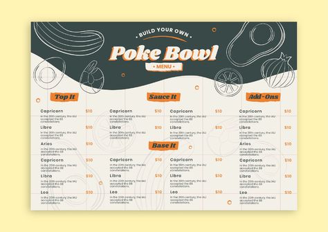 Hand-drawn Build Your Own Poke Bowl Menu Poke Menu Design, Poke Bowl Menu, Menu Inspiration, Steps Design, Poke Bowl, Brand Kit, Menu Template, Menu Design, Business Branding