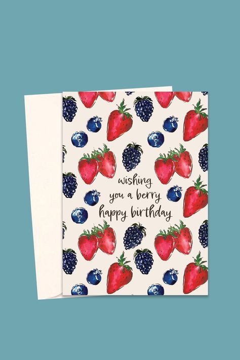 A new card from the Berry Collection! I hand illustrated these and edited them on procreate. They are printed on heavy matte paper. Check out on the process on Instagram and show some love! Berry Happy Birthday, Strawberry Birthday Card, Berry Birthday Invitation, Strawberry Greeting Card, Card Puns, Berry Sweet Birthday Invitation, Strawberry Blueberry, Summer Birthday, Mixed Berries