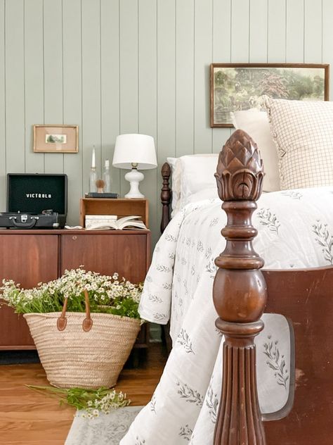 Vermont Bedroom, Plywood Shiplap, Green Shiplap, Escape Gray, Shiplap Tutorial, Vintage Aesthetic Bedroom, French Country Paint Colors, Sage Paint Color, Natural Paint Colors