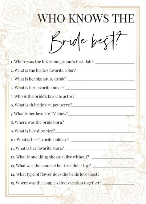 BRIDAL SHOWER Questions for the Bride Games for Bridal - Etsy Classy Bridal Shower Ideas, Who Knows Bride Best, Bride Games, Know The Bride Game, Bridal Shower Questions, Bride Game, Bridal Bachelorette Party, Future Wedding Plans, Wedding Prep