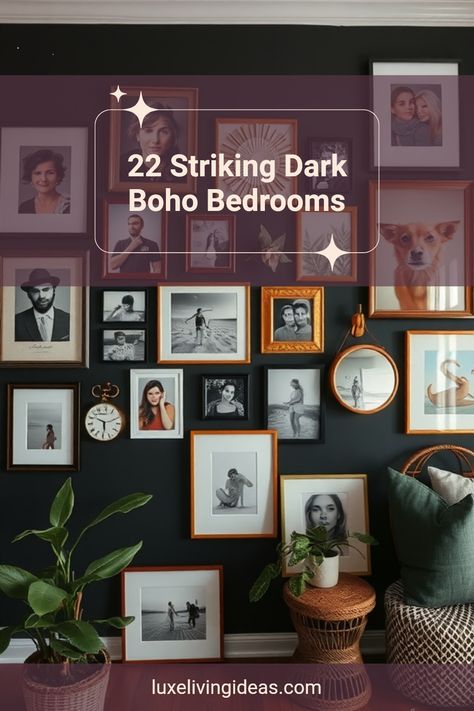 Explore 22 striking dark boho bedroom inspirations featuring gallery walls with various art and plants, perfect for cozy and edgy decor. Dark Boho Bedroom Aesthetic, Dark Boho Bedroom, Cozy Aesthetics, Boho Bedroom Inspirations, Boho Bedrooms, Edgy Vibes, Dark Boho, Lush Plants, Eclectic Art