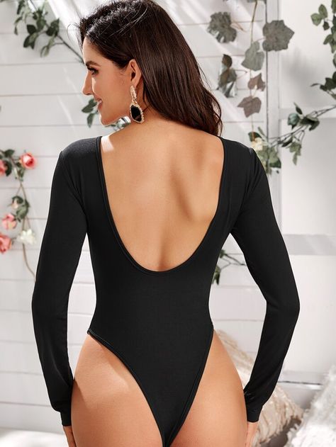 Solid Open Back Bodysuit | SHEIN USA Low Back Bodysuit, Open Back Bodysuit, Female Portrait Poses, High Cut Bodysuit, Cami Bodysuit, Body Suits, Sleeveless Bodysuit, Mesh Sleeves, Portrait Poses