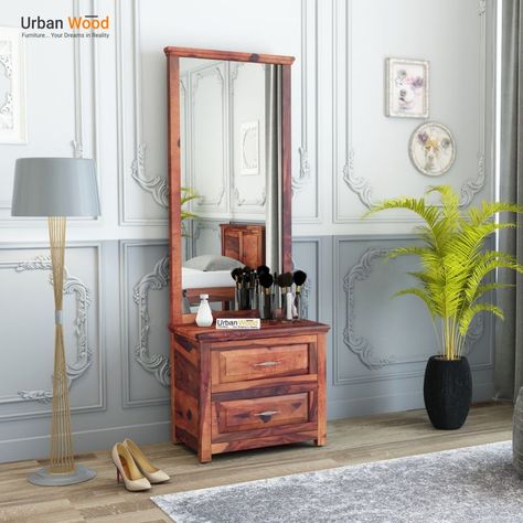 The carefully distressed finish adds character. Equipped with 2 drawers and combined with spacious tabletop, this makeup table provides enough space for you to store cosmetics, jewelries and other necessities. Wood Dressing Table, Makeup Table, Dressing Tables, Dressing Table, Oversized Mirror, 1 Year, Teak, Table Top, Solid Wood