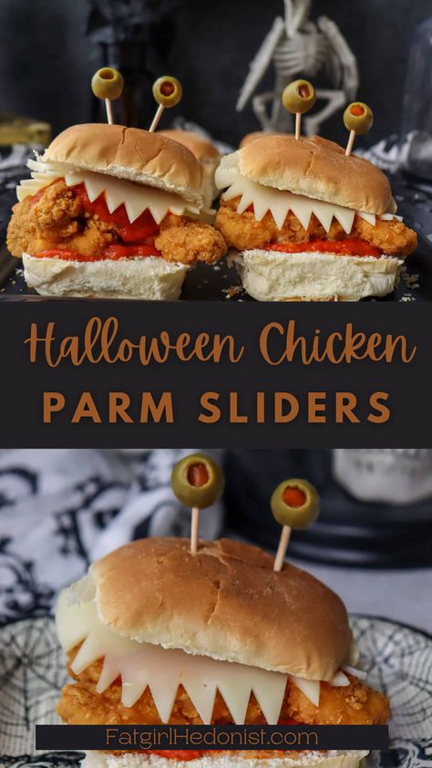 Halloween Chicken Parm Sliders, Halloween Festive Food, Halloween Quick Dinner, Halloween Themed Toddler Food, Monster Sliders Halloween, Halloween Themed Sliders, Halloween Entrees For Party, Goosebumps Themed Food, Halloween Dinner Ideas Families Easy