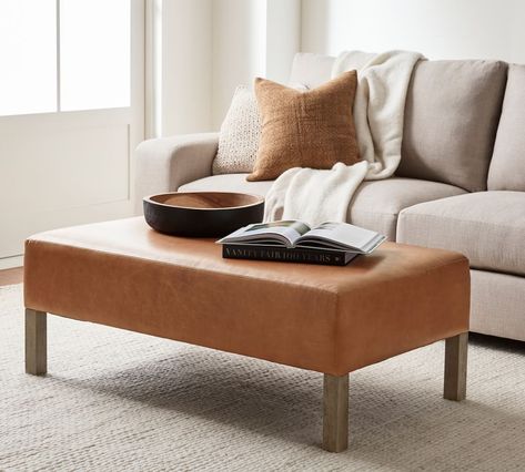 Arden Leather Ottoman | Pottery Barn Sofa And Ottoman Ideas, Leather Ottoman Coffee Table, Outdoor Cushion Covers, Leather Bench, Coffee Table Rectangle, London House, Small Space Solutions, Ottoman Coffee Table, Upholstered Storage