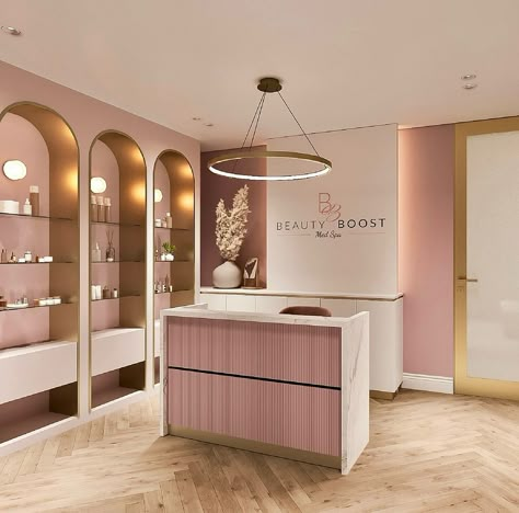 Using the repetition of soft shapes and a pop of pink in this salon design for a strong but feminine and graceful look.… | Instagram Ideas Decoracion Salon, Beauty Cabin, Pink Salon, Hair Salon Design, Clothing Store Interior, Interior Columns, Beauty Room Design, Lobby Design, Salon Interior Design