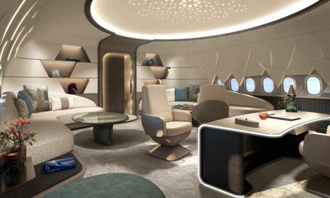 Created for the Middle Eastern royal families, this jaw-dropping Boeing 777X private jet concept is like a 'megayacht for the skies' - The bathrooms have massive massaging showers, the private suite has a king bed, there is a relaxation lounge, and business class seats for the staff. - Luxurylaunches Private Jet Concept, Boeing Business Jet, Boeing 777x, Business Class Seats, Aircraft Interiors, Multifunctional Space, Geometric Pattern Design, Large Shower, Royal Families