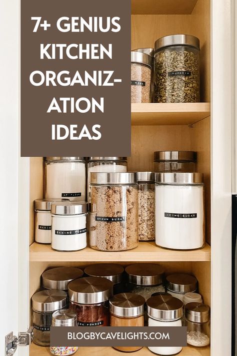 7 kitchen organization ideas Kitchen Decor Organization, Upper Kitchen Cabinet Organization, Kitchen Organization Cabinet, Organize Kitchen Cabinets, Cabinet Solutions, Sliding Cupboard, Cabinet Door Storage, Tall Kitchen Cabinets, Counter Clutter