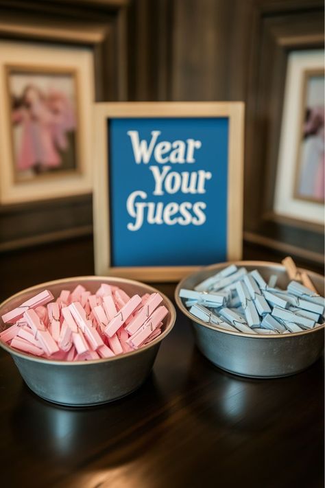 Looking for a fun game to engage your guests? A "Wear Your Guess" gender reveal game lets everyone pick a side by wearing a ribbon or pin to share their predictions. It’s playful and brings everyone together in the excitement. Try this interactive idea at your twins’ baby shower! Gender Reveal For Twins Ideas, Friends Themed Gender Reveal, Wear Your Guess Gender Reveal, Second Baby Gender Reveal, Baby Shower Themes For Twins, Twins Gender Reveal Ideas, Twin Gender Reveal Ideas, Gender Reveal Games Activities, Gender Guessing Game