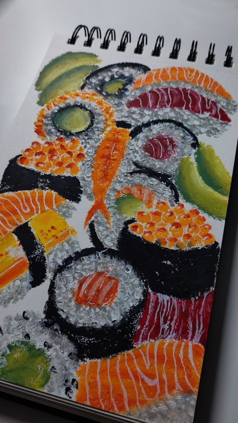 sushi drawing, sushi painting, sushi oil pastel painting, oil pastels Sushi Drawing Illustration, Paella Drawing, Funky Oil Pastel Art, Sushi Drawings, Sushi Sketch, Drawing Sushi, Sushi Painting, Sushi Drawing, Igcse Art