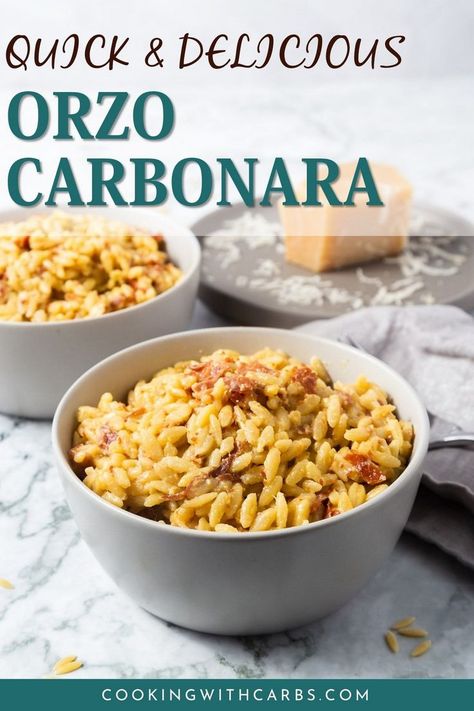 Orzo Carbonara, Carbonara With Egg, Orzo Pasta Recipes, Quick Dishes, Perfect Dinner, Orzo Pasta, Health Dinner, Healthy Recipies, Health Dinner Recipes