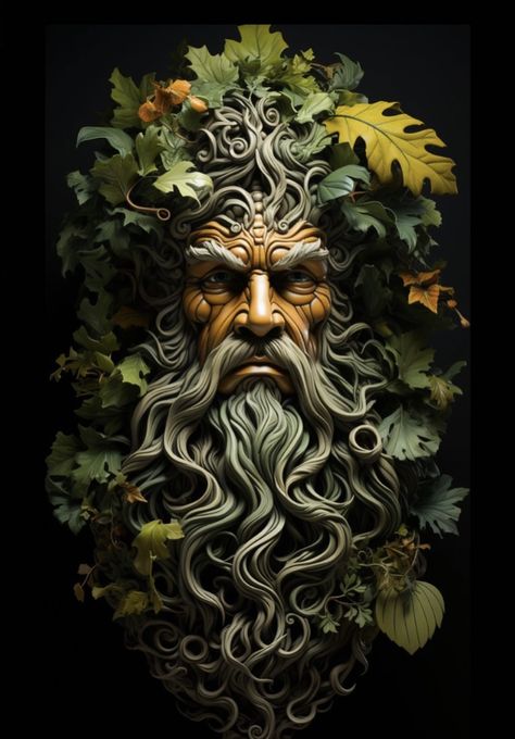 Green Man Tattoo Design, Forest God Tattoo, Green Man Tattoo, Spooky Halloween Pictures, Folk Lore, Green Woman, Fairy Garden Doors, Goddess Sculpture, God Tattoos