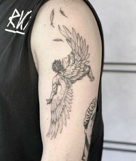 Icarus Tattoo, Mythology Tattoos, Greek Tattoos, Small Tattoos For Guys, Hand Tattoos For Guys, Angel Tattoo, Dark Tattoo, Black Ink Tattoos, Dope Tattoos