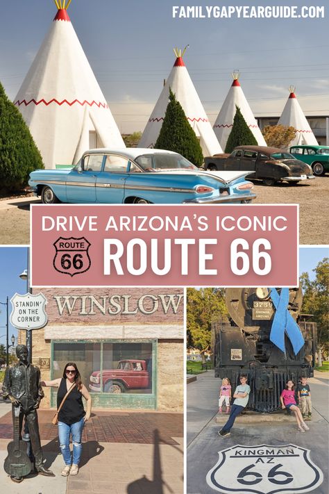 It doesn't get more American than driving Route 66 across Arizona, with iconic roadside attractions like the Wigwam Motel and Meteor Crater. Stand on the corner in Winslow, Arizona, and take a side trip to the Grand Canyon. Here's your ultimate guide to Route 66 in Arizona! Meteor Crater Arizona, Driving Route 66, Wigwam Motel, Route 66 Arizona, Winslow Arizona, Meteor Crater, Arizona Vacation, Route 66 Road Trip, Arizona Road Trip