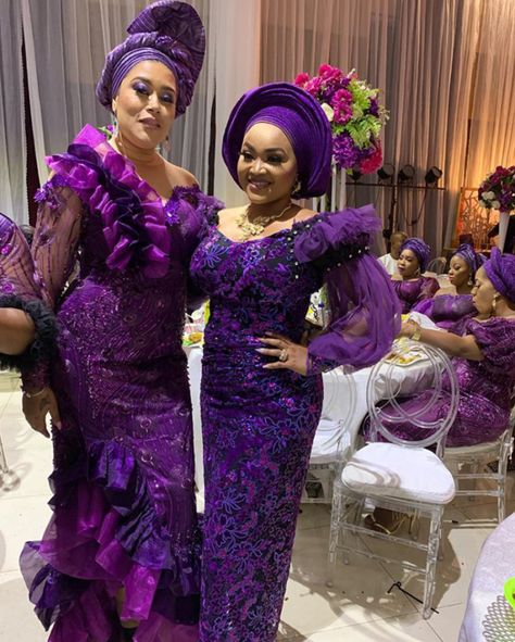 Purple Asoebi, Lace Asoebi Styles, Lace Skirt And Blouse, Asoebi Lace, Mercy Aigbe, Aso Ebi Lace Styles, Cultural Fashion, Nigerian Lace Styles Dress, Nigerian Lace Styles