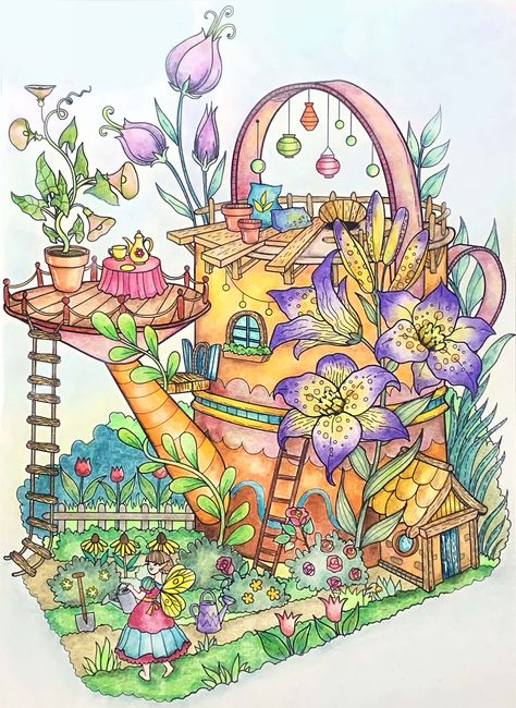 A watering can fairy house with a fabulous garden From the Julia Rivers Peaceful Village of Dreams book illustrated by Forest Diver. Used Lyra Polycolor, Holbein, Lightfast, Luminance pencils, pan pastels. Dream Garden Drawing, Fairy Houses Illustration, Fantasy Garden Drawing, Fairy Garden Ideas Drawing, Water Fairy House, Flower House Drawing, Fairy Houses Drawing, Cottage Drawing Fairytale, Fairy Village Drawing