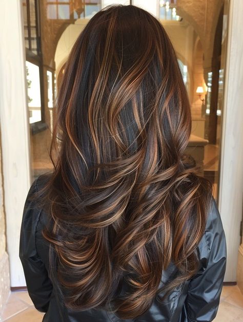 28 Must-Try Fall Highlights for Brown Hair: Embrace the Caramel Trend Highlight Streaks In Brown Hair, Soft Highlights On Dark Hair, Hair Streaks For Brown Hair, Black Hair With Brown Highlights Caramel, Fall Highlights For Brown Hair Caramel, Color Streaks In Brown Hair, Caramel Fall Hair, Fall Highlights For Dark Brown Hair, Hair Color Caramel Highlights