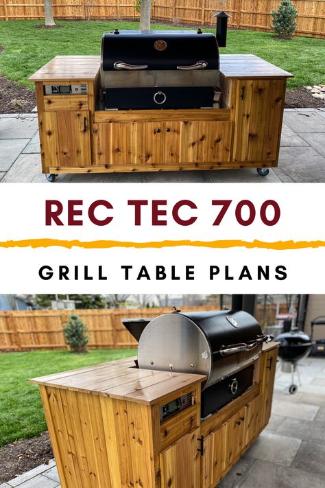 Easy to build Rec Tec Grill Table Plans. Detailed plans to help you build your own grilling cart with storage for the Rec Tec 700. Tons of cabinet storage and counter space to make the Rec Tec more functional and fun! Diy Traeger Built In, Diy Bbq Prep Station, Recteq Grill Built In, Wood Grill Station, Traeger Built In Outdoor Kitchens, Traeger Grill Station, Grill Table Ideas, Traeger Outdoor Kitchen Ideas, Built In Pellet Grill