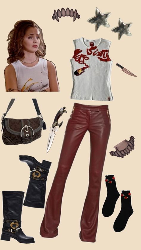 Five by five Faith Buffy The Vampire Slayer Outfits, Decades Day, Five By Five, Buffy Style, Buffy The Vampire, Buffy The Vampire Slayer, Vampire Slayer, The Vampire, Style Board