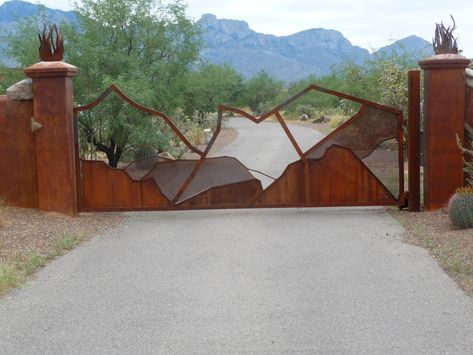 AZ Custom Gates Installed Arizona Wrought Iron Gates For Sale Front House Gate, House Gate Ideas, Gate Entrance Landscaping Ideas, Gate Ideas Modern, Front Gate Ideas, Modern Front Gate Design, House Front Gate, Rock Fence, Porch Gate