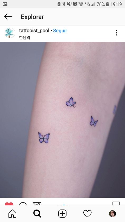 Tiny Blue Butterfly Tattoo, Ava Tattoo, Butterfly Ankle Tattoos, Purple Butterfly Tattoo, Twin Tattoos, Flower Thigh Tattoos, Small Finger Tattoos, Butterfly Tattoos For Women, Tattoos For Women Flowers