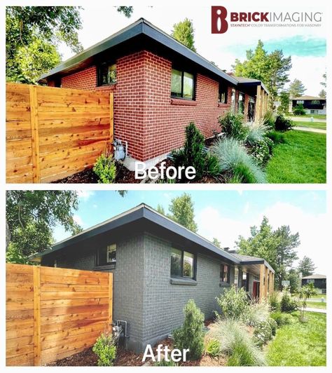 Stain Yellow Brick, Brick House Transformation, Stain Brick Exterior, Green Brick House Exterior, Brick House Exterior Paint Ideas, Brick Staining Exterior, Stained Brick House Exterior, Brick Stain Exterior Before And After, Brick House Makeover