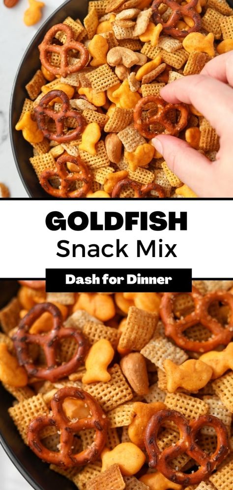 Snack Mix With Goldfish, Goldfish Pretzel Snack, Chex Mix With Goldfish, Snack Mix With Goldfish Crackers, Snack Mix Bar Ideas, Old Bay Chex Mix Recipes, Goldfish Snack Mix Recipes, Thanksgiving Snack Mix Recipes, Chex Mix Recipes Savory