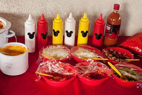 Mickey Mouse Food, Mickey Mouse Birthday Party Ideas, Mickey Mouse Theme Party, Mickey Mouse Bday, Mickey Mouse First Birthday, Mickey Theme, Mickey Mouse Clubhouse Party, Mickey Mouse 1st Birthday, Hot Dog Bar