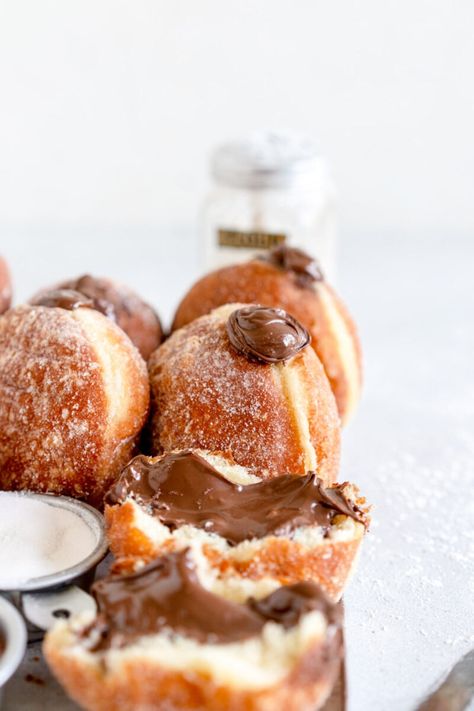 Small Batch Nutella Donuts are super fun and easy to make. They are made with a small batch brioche recipe which can be made by hand without the use of a mixer. These are Nutella Filled donuts, but you can finish them any way that you like! Brioche Donut Recipe, Bomboloni Recipe, Donut Photography, Nutella Donuts, Yeast Dough Recipe, Brioche Donuts, Cloudy Kitchen, Making Donuts, Small Batch Baking