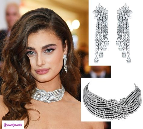 Taylor Hill at the 2019 Met Gala The stunning VS model wore a necklace that looked familiar to us! Turns out Ariana Grande wore the dynamite Butani diamond necklace when she infamously skipped the Grammys. Matching Butani earrings completed her look. Celeb Jewelry, Gala Inspiration, Gala Jewelry, Mini Concept, Most Expensive Jewelry, Prom 2020, Diamond Earrings Design, Celebrity Jewelry, Kacey Musgraves