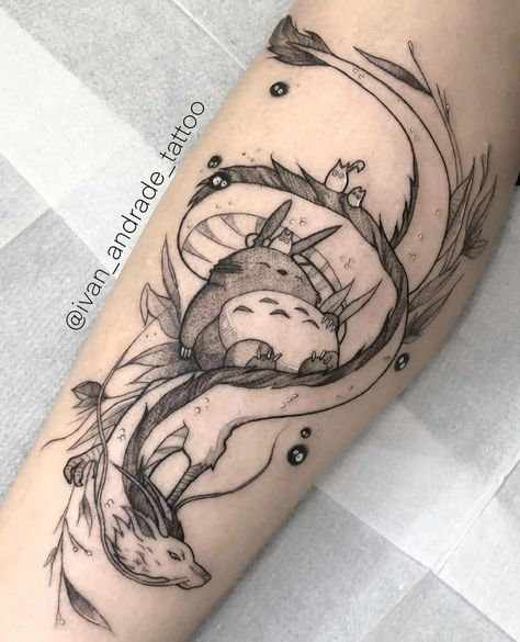 Ghibli Tattoo Minimalist, My Neighbor Totoro Tattoo, Haku Tattoo, Rose Tattoo Hand, Miyazaki Tattoo, Tatuaje Studio Ghibli, Studio Ghibli Tattoo, Ghibli Tattoo, Calf Tattoo