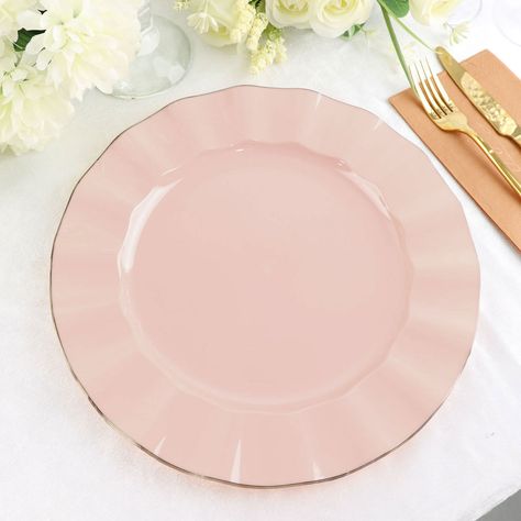 Gold Plastic Plates, Plastic Party Plates, Cold Food, Plate Decor, Plastic Bowls, Outdoor Reception, Disposable Plates, Holiday Dining, Blush Rose