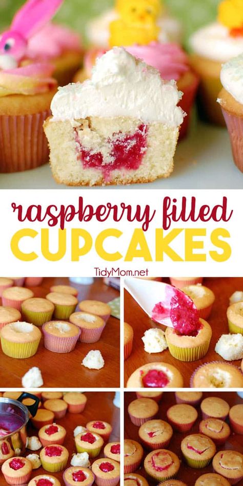 Raspberry Filled Vanilla Cupcakes, Raspberry Filled Cupcakes Easy, Filling Cupcakes How To, Vanilla Raspberry Cupcakes, Cupcake Filling Recipes, Raspberry Filled Cupcakes, Cupcake Filling, Perfect Cupcake Recipe, Cupcakes Amor