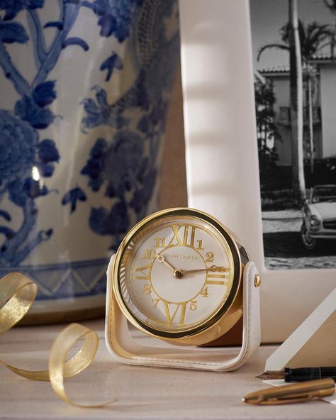 Time for the perfect gift. The elegant #ralphlaurenhome Brennan clock is encased in solid brass and sits on a handmade cream leather stand Leather Stand, Ralph Lauren Home, Luxury Home Decor, Dorm Decorations, Shop Decoration, Michael Kors Watch, Solid Brass, Leather Watch, Luxury Homes