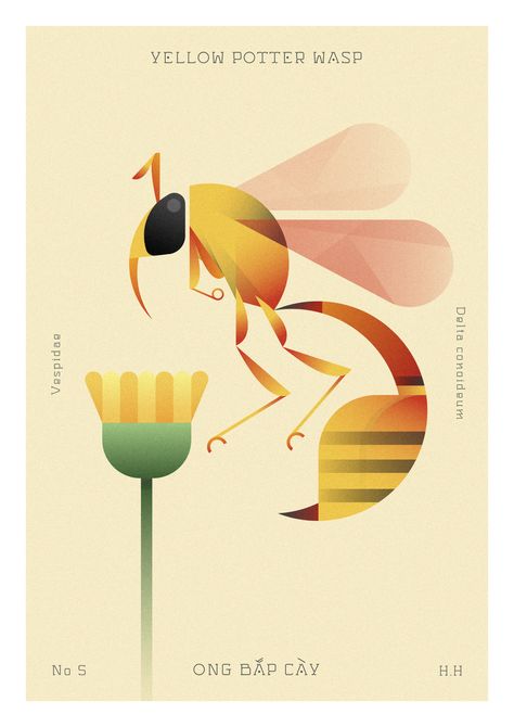 Geometric Insects Navigate Sparse Flora in Pastel Illustrations by Hoàng Hoàng - Graphic Design - Illustration, Geometric, Insect, Insects, Flora, Flower, Flowers, Pastel, Illustration Design Graphique, Bee Illustration, Charley Harper, Colossal Art, Busy Bees, Bag Art, Nature Journal, Pastel Background, Design Lab