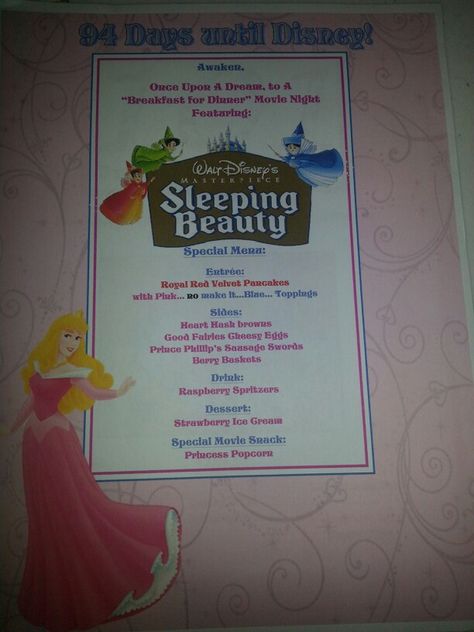 94 days to go! :-) sleeping. Beauty menu Sleeping Beauty Dinner Ideas, Sleeping Beauty Dinner, Sleeping Beauty Movie Night, Sleeping Beauty Dinner And A Movie, Sleeping Beauty Food, Diner Movie, Sleeping Beauty Movie, Disney Movie Night Menu, Disney Themed Movie Night