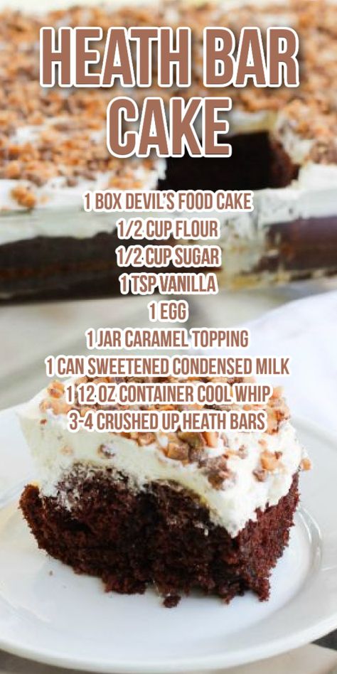 Heath Candy Dessert Recipes, Heath Candy Recipes, Heath Birthday Cake, Recipes Using Heath Candy Bars, Heath Bar Bundt Cake, Heath Poke Cake, Chocolate Heath Bar Cake, Heath Bar Poke Cake, Heath Candy Bar Cake