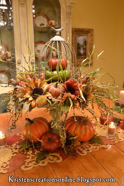 Kristen's Creations: The Dining Room Table Dressed For Fall And The Winners Of The iPhone Cases Bird Cage Decor, Fall Arrangements, Fall Deco, Autumn Decorating, Fall Tablescapes, Fall Centerpiece, Fall Table, Thanksgiving Decor, Fall Holidays