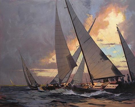 Twilight Race Two Rivers Wisconsin, Maritime Painting, Marine Landscape, Commercial Fishing, Mystic Seaport, Sailing Regatta, Marine Artist, Sailboat Art, Maritime Art