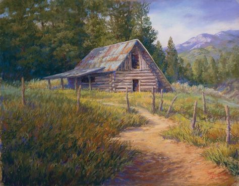 Simple Cabin Painting, Mountain Cabin Painting, Log Cabin Painting, Outback Landscape, Train Background, Cabin Painting, Barn Photography, Farmhouse Paintings, Mountain Cabins