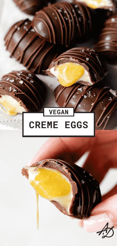 Vegan Creme Eggs Cadbury Creme Egg Recipes, Vegan Easter Recipes, Easter Fun Food, Vegan Tarts, Caramel Dessert Recipes, Creme Eggs, Vegan Candy, Vegan Chocolate Recipes, Vegan Easter