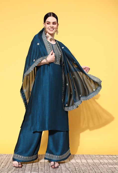 Teal Zari Sequence Embroidered Chinon Silk Kurta with Dupatta. (1 Kurta / 1 Palazzo / 1 Dupatta) Aesthetic Indian, Kurta With Dupatta, Readymade Salwar Kameez, Indian Party, Silk Kurta, Readymade Blouse, Blue Embroidery, Viscose Rayon, Kurta With Pants