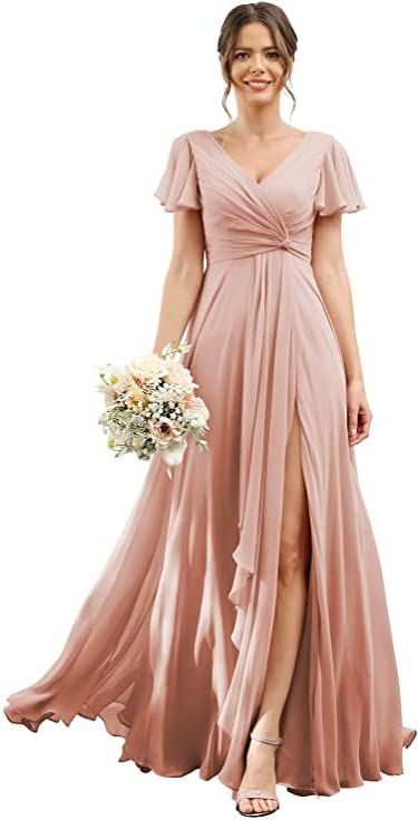 Shiyiecy Women's Chiffon V-Neck Bridesmaid Dresses Pleated High Waist Formal Evening Dress with Split Lace Up Back Dress, Junior Party Dresses, Bridesmaid Dresses Long, Bridesmaid Dresses With Sleeves, Mismatched Bridesmaids, Mismatched Bridesmaid Dresses, Chiffon Dress Long, Formal Party Dress, Sequin Cocktail Dress