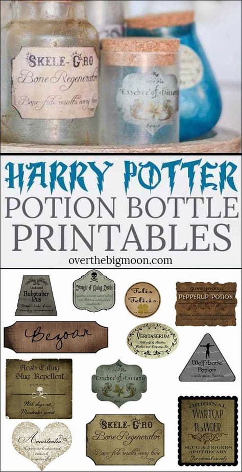 These Harry Potter Potions make the perfect decoration for any Harry Potter party or Halloween decoration. Print these Free Printable Harry Potter Potion Bottle Labels and follow the instructions below to create your own HP Potion collection! From overthebigmoon.com! #harrypotter #potionbottles #harrypotterpotions #hppotions #hogwarts Harry Potter Potions Names, Harry Potter Potion Ingredients List, Harry Potter Chemistry, Harry Potter Paper Crafts Free Printable, Harry Potter Themed Crafts, Classy Harry Potter Decor, Printable Harry Potter Potion Labels, Potion Bottle Labels Printable Free, Harry Potter Labels