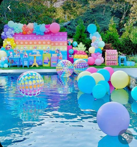 Slumber Party Birthday, 7th Birthday Party Ideas, Pool Party Kids, Rainbow Birthday Cake, Pool Party Decorations, Bday Party Theme, Pool Birthday, Birthday Party Theme Decorations, Pool Birthday Party