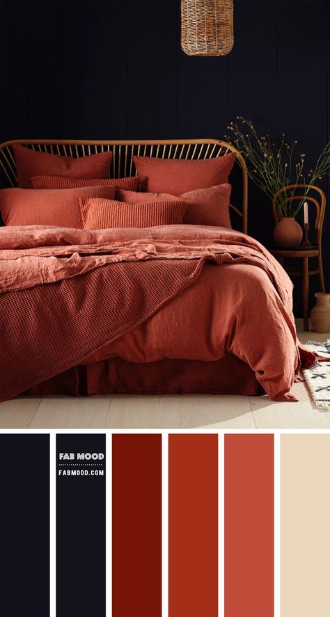 blackberry and terracotta bedroom, dark blue and dark terracotta bedroom, burnt sienna bedroom #bedroomcolor #terracottabedroom earth tone bedroom color ideas Bedroom Color Combos, Color Palette For Home, Terracotta Bedroom, Dark Terracotta, Bedroom Colour Palette, Dark Bedroom, Bedroom Color, Helsingborg, Bedroom Color Schemes