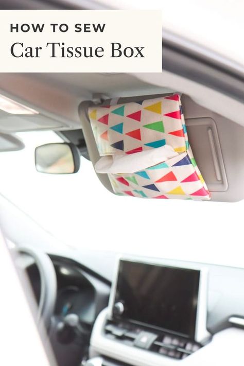 Sew your own DIY car tissue box holder with this super fun DIY tutorial! Perfect for those who love sewing, this quick and easy project will have your car organized in no time. Car Caddy Sewing Pattern Free, Car Napkin Holder, Diy Tissue Holder For Car, Tissue Holder Sewing Pattern, Sew Tissue Holder, Car Tissue Holder Diy, Car Visor Organizer, Fabric Tissue Holder, Car Tissue Holder